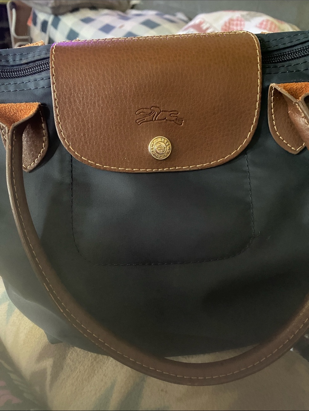 Designer-Inspired Black and Brown Nylon Tote Bag with Leather Trim, Longchamp